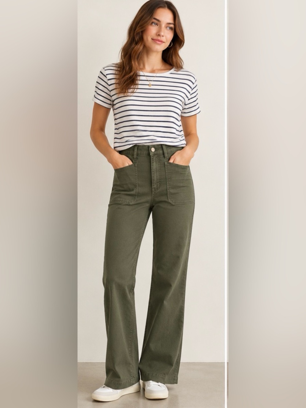 Veronica Beard Crosbie Patch Pocket Wide Leg Pants Army Green 25